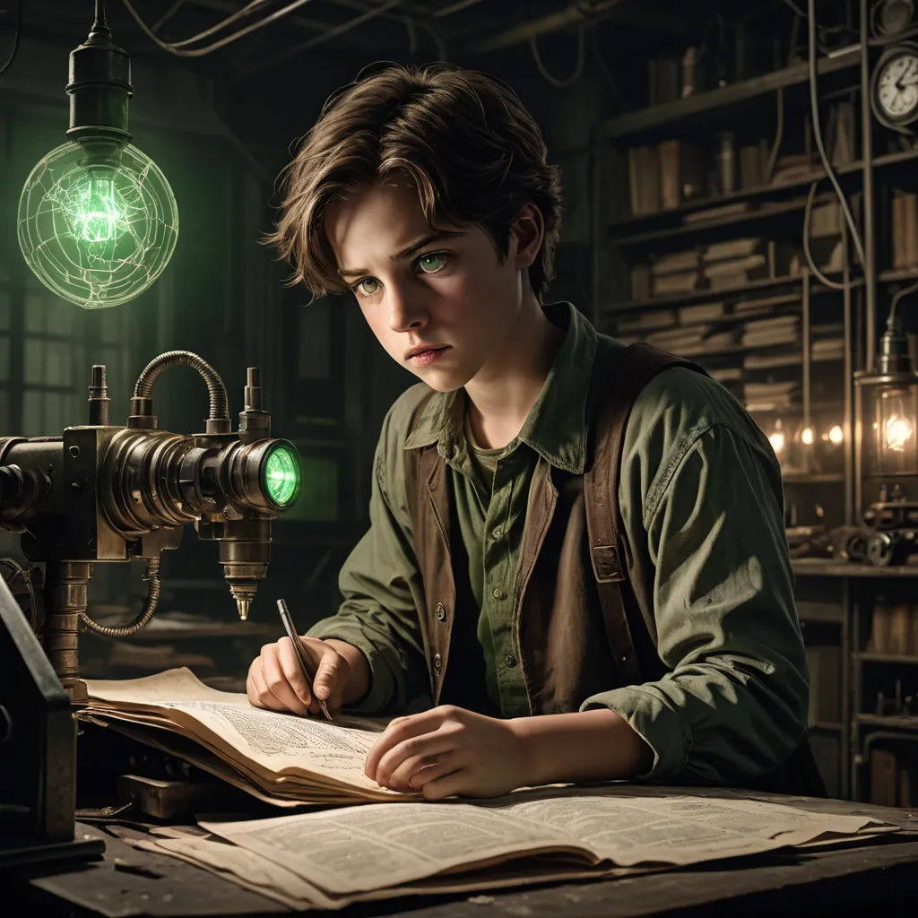 a boy is sitting at a desk with a book and a light bulb above him and a machine in the background, new objectivity, a detailed matte painting, Diego Gisbert Llorens, promotional image