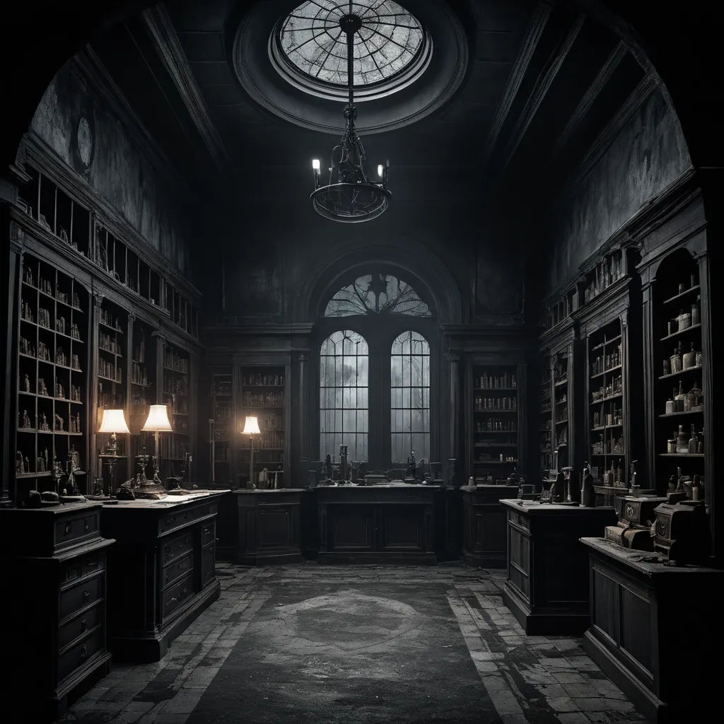 a dark room with a large window and a clock on the wall and a chandelier hanging from the ceiling, neoplasticism, a detailed matte painting, Dirk Crabeth, vfx