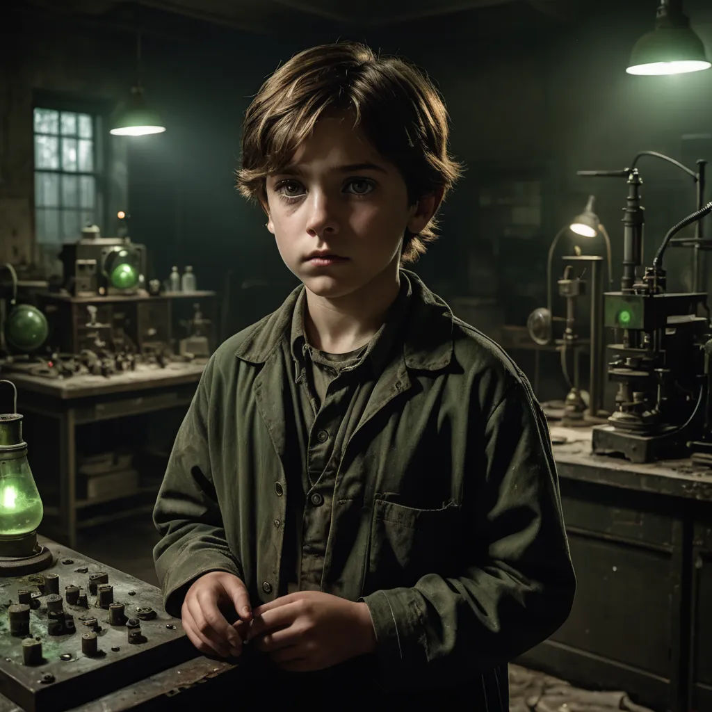 a boy in a lab with a green light on his head and a green light on his hand,, arts and crafts movement, a detailed matte painting, Fletcher Martin, promotional image