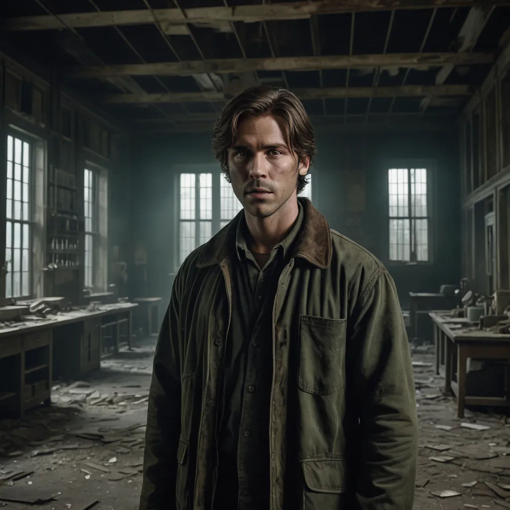 a man standing in a room with lots of windows and debris on the floor and walls, with a green jacket on, neoplasticism, poster art, Armin Hansen, promotional image