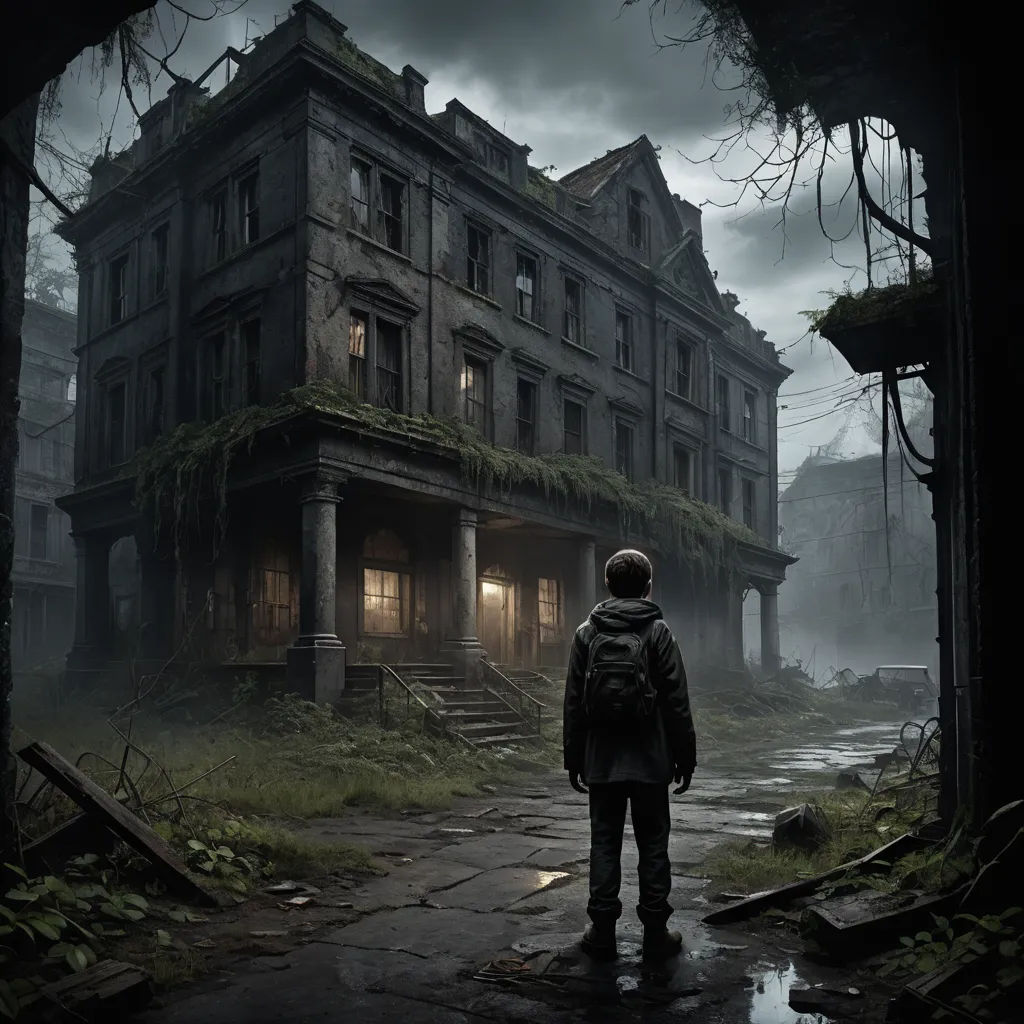a man standing in front of a building in a dark forest with a flashlight in his hand and a creepy looking building in the background, neoplasticism, a detailed matte painting, Eddie Mendoza, cryengine