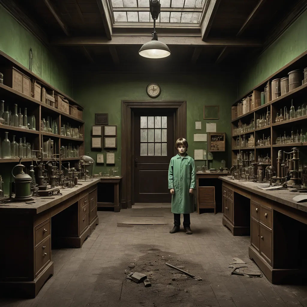 a man standing in a room with lots of shelves and jars on the walls and a clock on the wall, neoplasticism, an album cover, Christian W. Staudinger, promotional image
