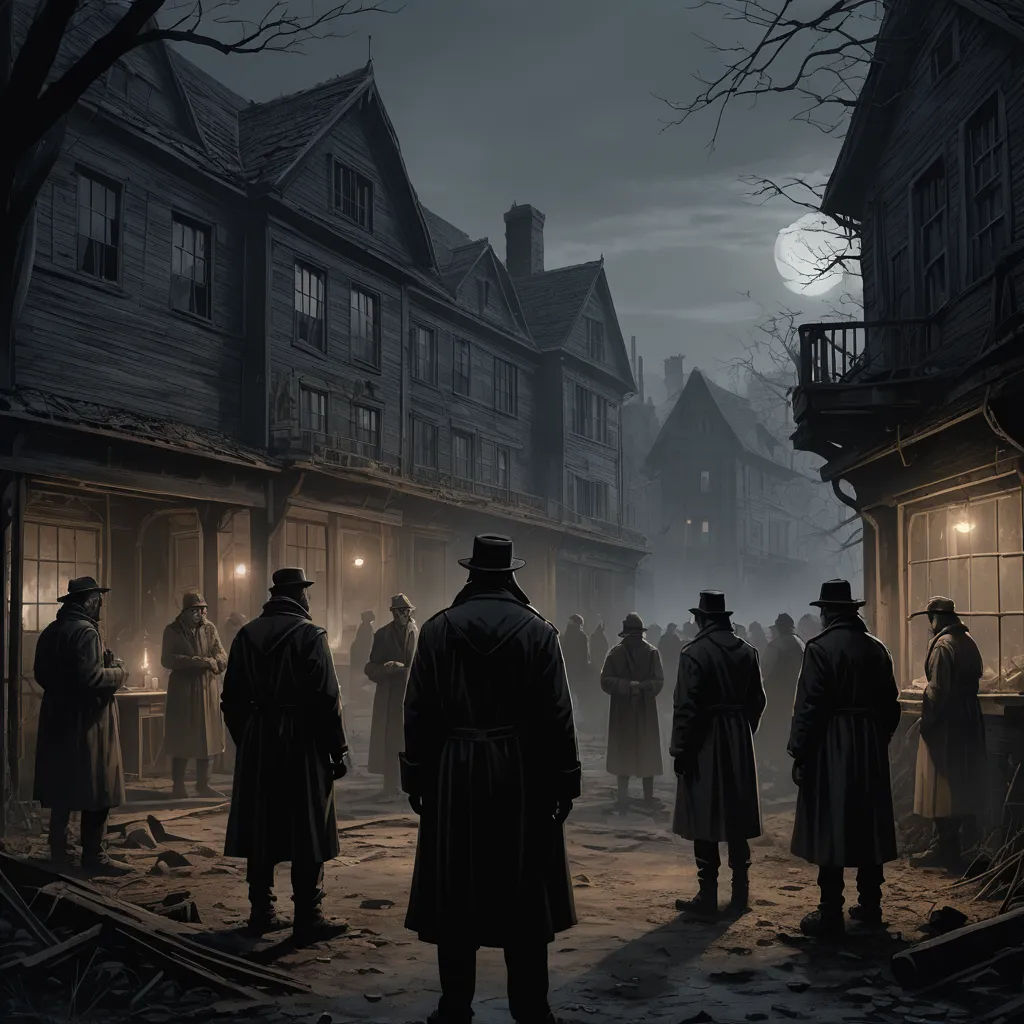 a group of people standing in a street at night with a full moon in the background and a building with a clock, american scene painting, a detailed matte painting, Andreas Rocha, bloodborne