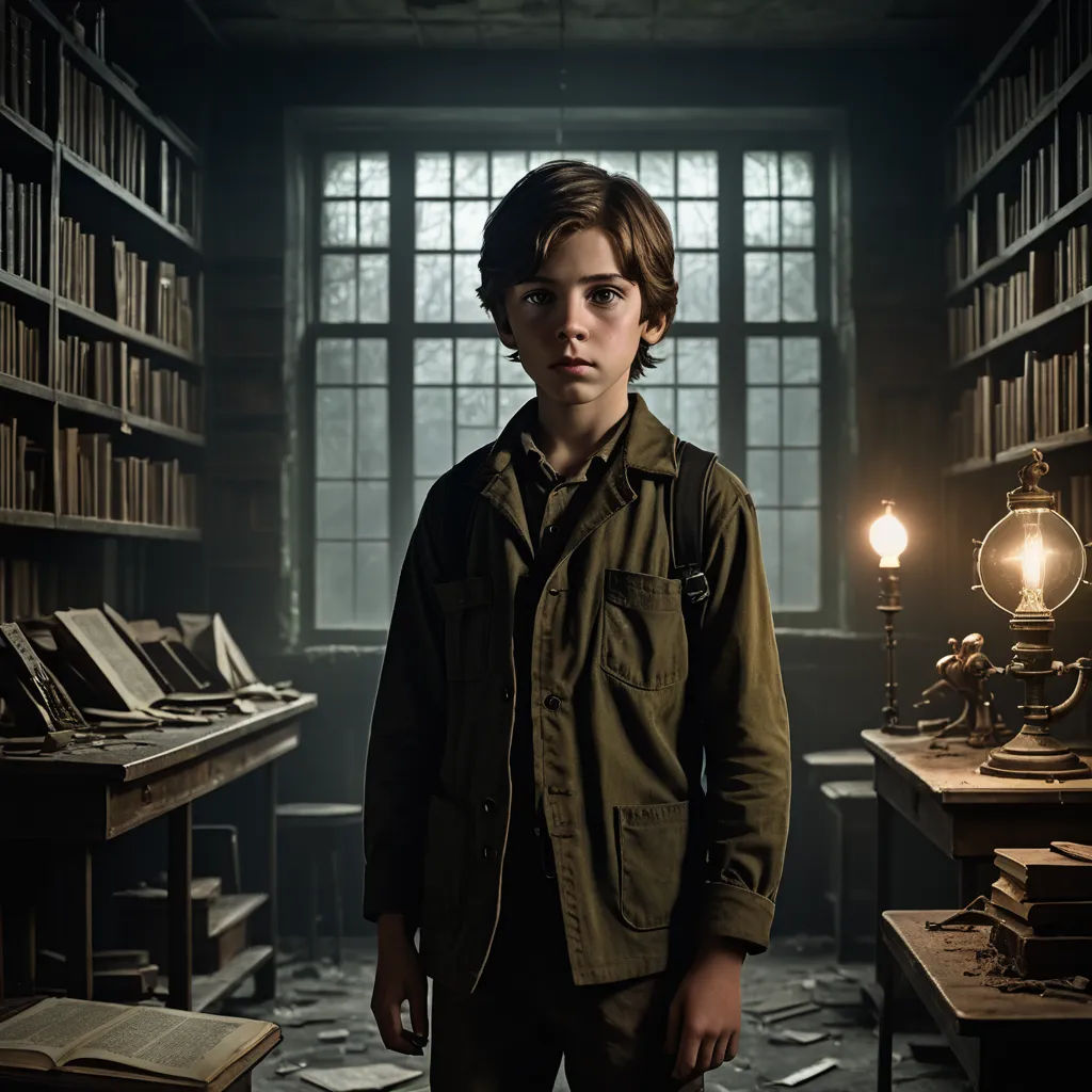 a boy standing in a library with a lamp on the desk and bookshelves in the background,, private press, a character portrait, Diego Gisbert Llorens, promotional image