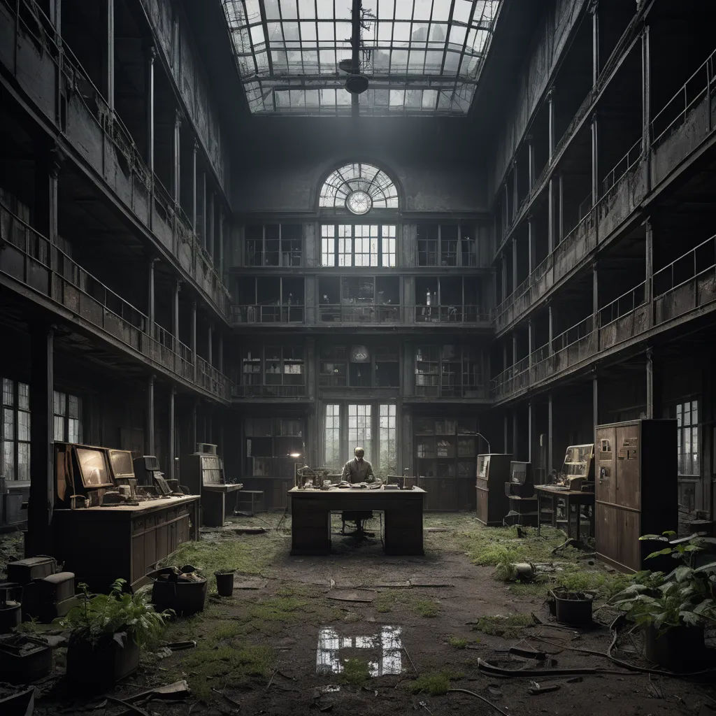 a room with a desk and a lot of windows in it with a skylight above it and a person sitting at a desk in the middle, neoplasticism, a detailed matte painting, Arie Smit, cinematic photography