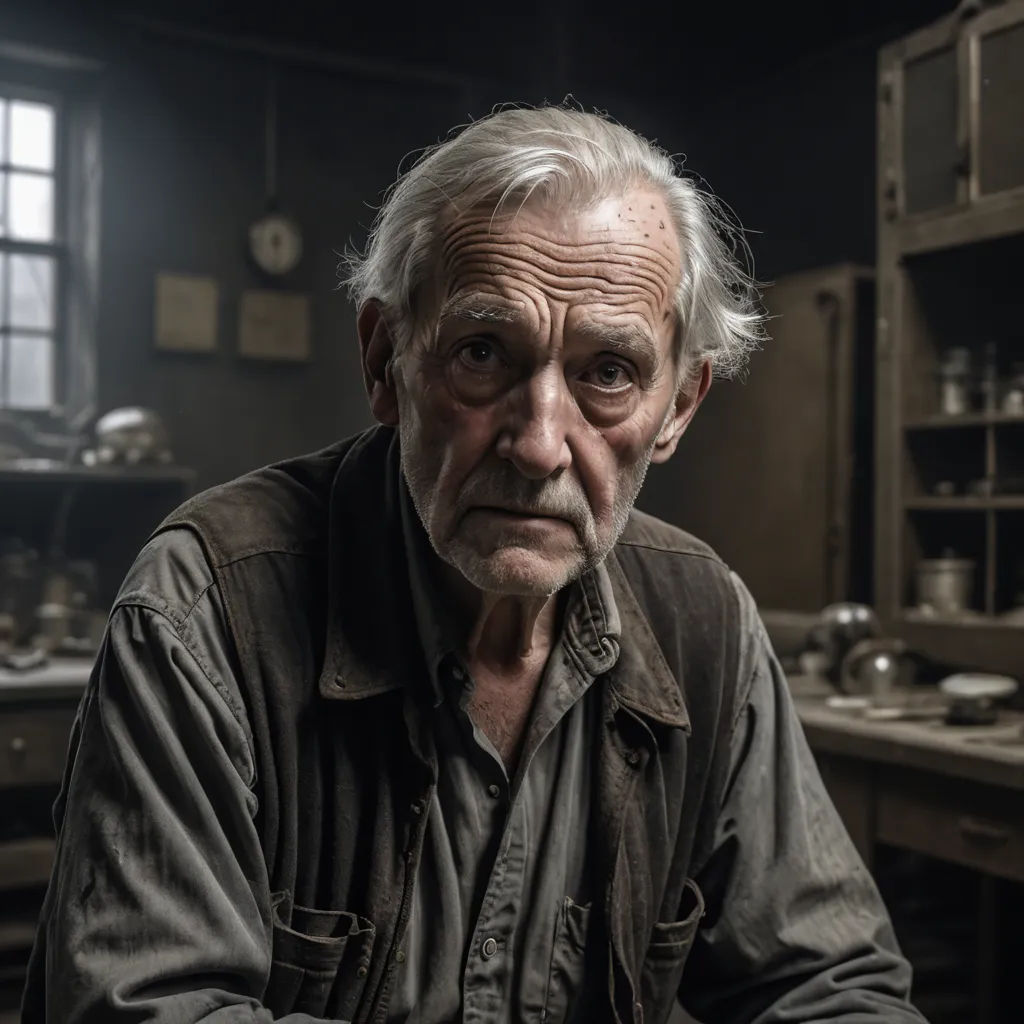 an old man sitting in a kitchen with a lot of clutter on the counter top and a clock on the wall, neoplasticism, a character portrait, David Annand, promotional image
