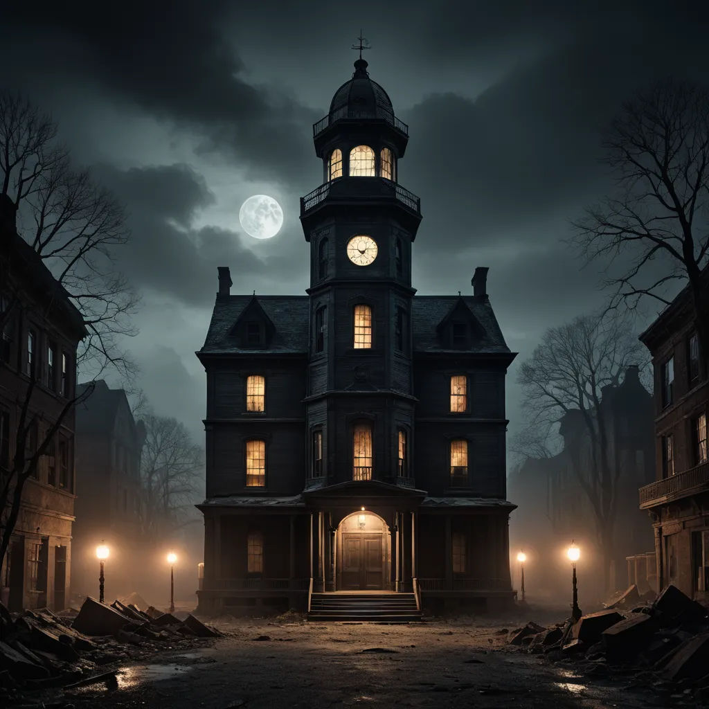 a creepy looking building with a clock tower at night time with a full moon in the background and a dark sky, gothic art, a detailed matte painting, Evgeny Lushpin, cinematic matte painting