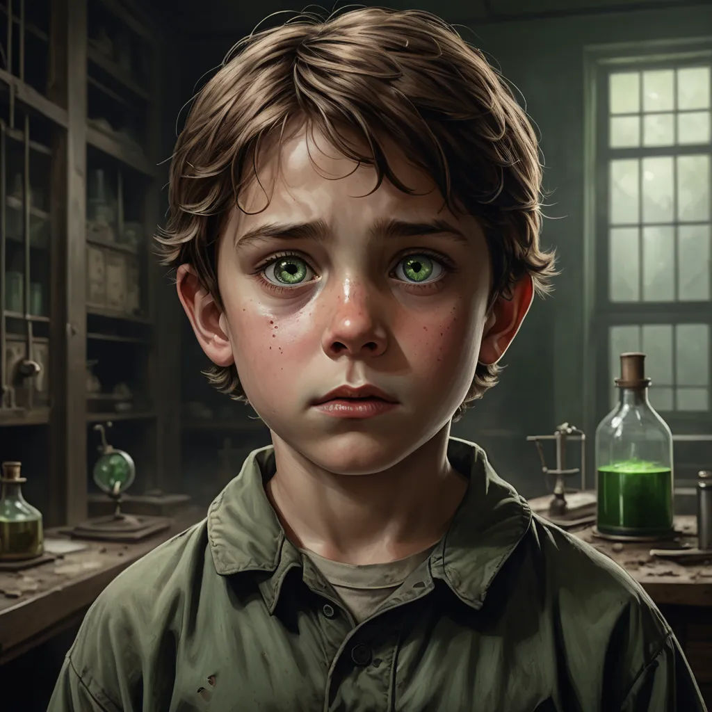 a boy with green eyes standing in a room with a green bottle and a window in the background and a green bottle in the foreground, fantasy art, a detailed painting, Bastien L. Deharme, highly detailed digital painting