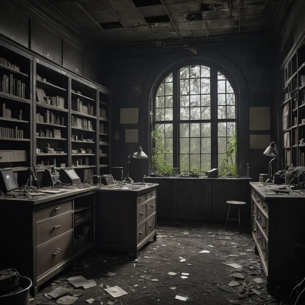 a room with a desk and a window in it with a lot of books on the shelves and a lot of papers on the floor, neoplasticism, a matte painting, Arie Smit, decay