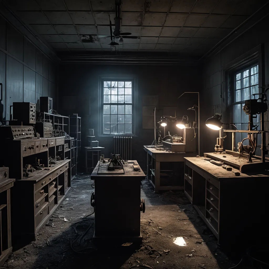 a dark room with a lot of work equipment on the desks and a window in the corner of the room, neoplasticism, a stock photo, Emil Lindenfeld, unreal engine 5