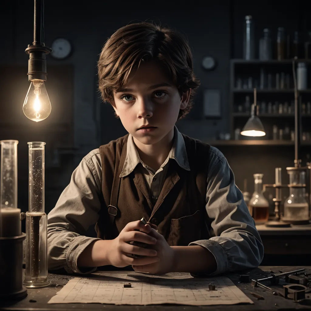 a boy in a lab with a light bulb on his head and a beaker in his hand, looking at the camera, art photography, a detailed matte painting, Diego Gisbert Llorens, promotional image