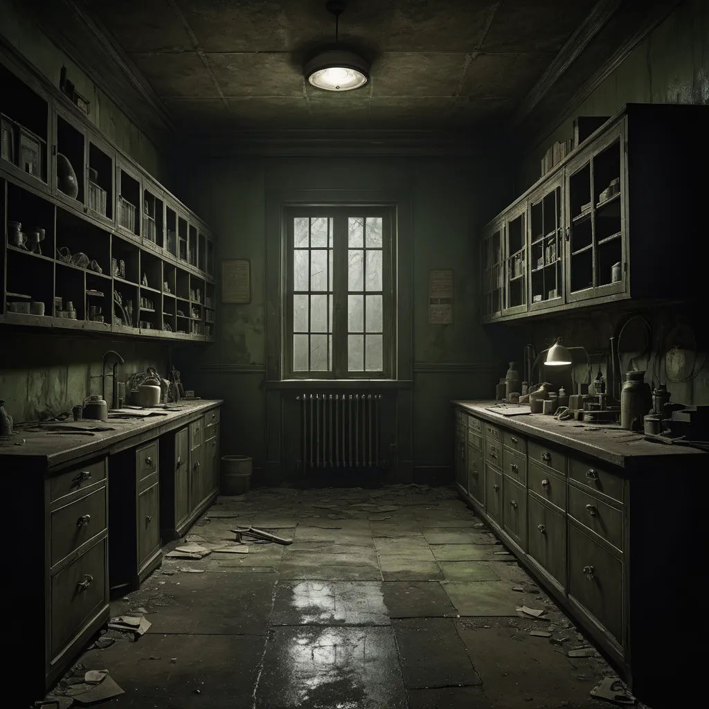 a dark kitchen with a lot of cupboards and a window in it's center area with a light on, neoplasticism, a detailed matte painting, Dirk Crabeth, unreal engine 5 highly rendered