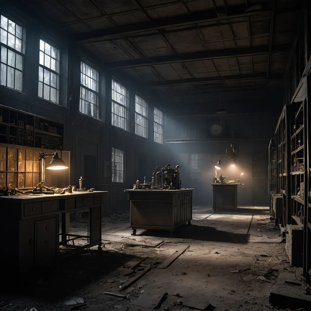 a dark room with a desk and a lamp in it and a window in the background with light coming through, neoplasticism, a detailed matte painting, Dirk Crabeth, unreal engine render