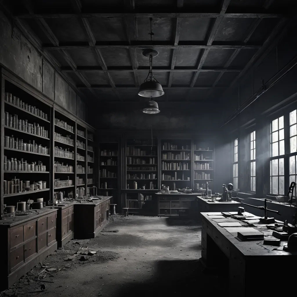 a dark room with a lot of books on the shelves and a light hanging from the ceiling above it, neoplasticism, a matte painting, Dirk Crabeth, decay
