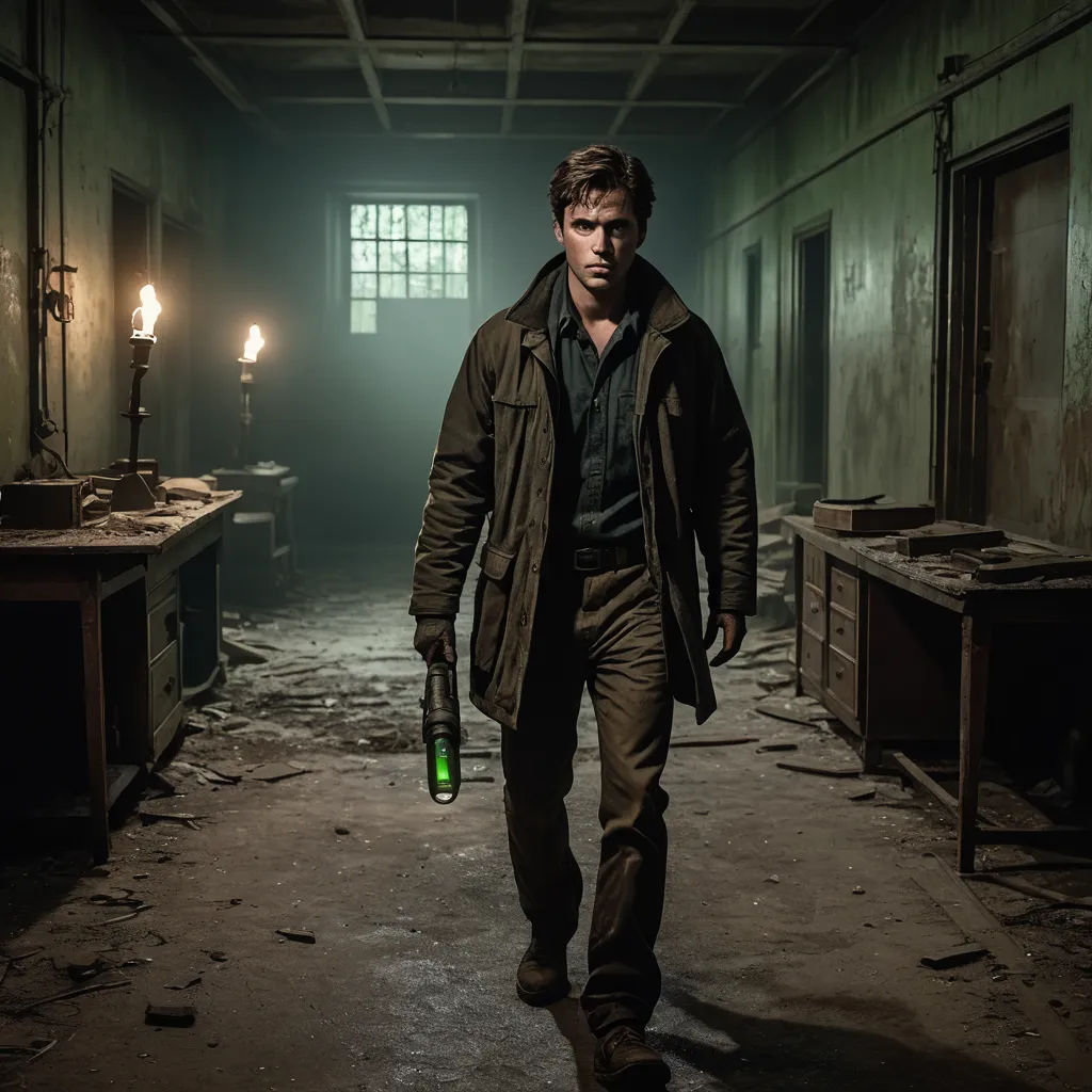 a man walking in a dark room with a flashlight in his hand and a green bottle in his hand, neo-primitivism, poster art, Armin Hansen, promotional image