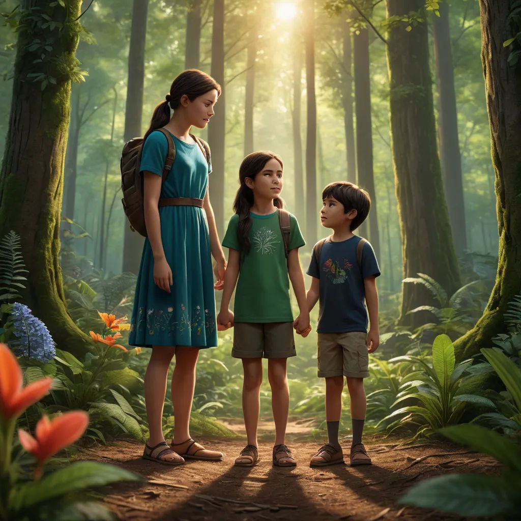 a young girl and boy holding hands in a forest with a sun shining through the trees behind them and a woman holding the hand of a boy, photorealism, poster art, Chris LaBrooy, promotional image