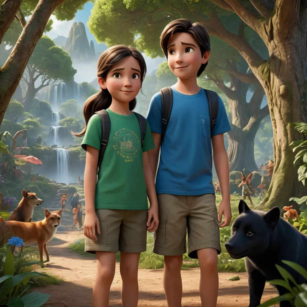a boy and a girl standing in a forest with a dog and a waterfall in the background, with a dog looking on, photorealism, a poster, Cliff Childs, promotional image