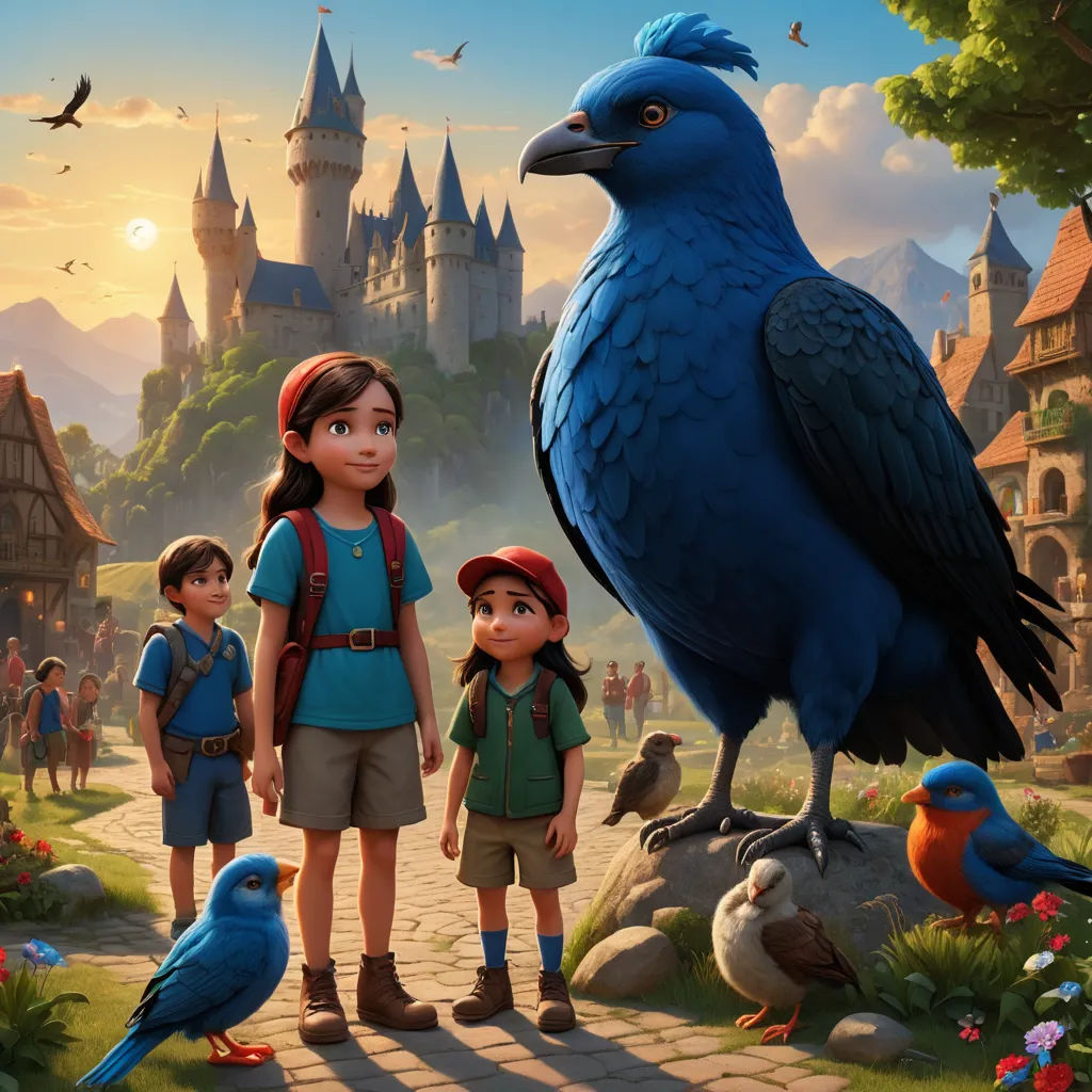 a group of children standing next to a bird on a field of grass and flowers with a castle in the background, sots art, a detailed matte painting, Chris LaBrooy, key art