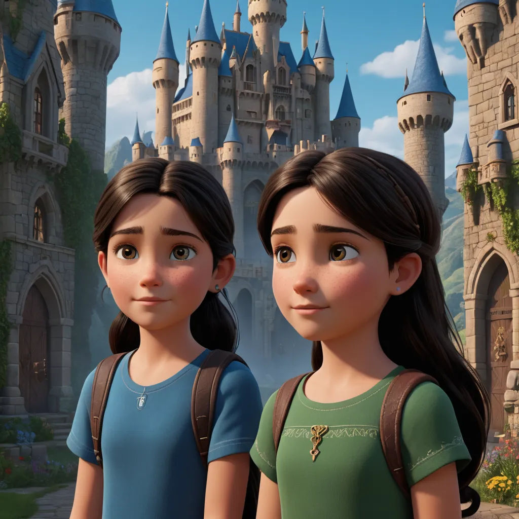 two girls standing in front of a castle with a castle in the background and a sky background with clouds, photorealism, concept art, disney, unreal engine highly rendered