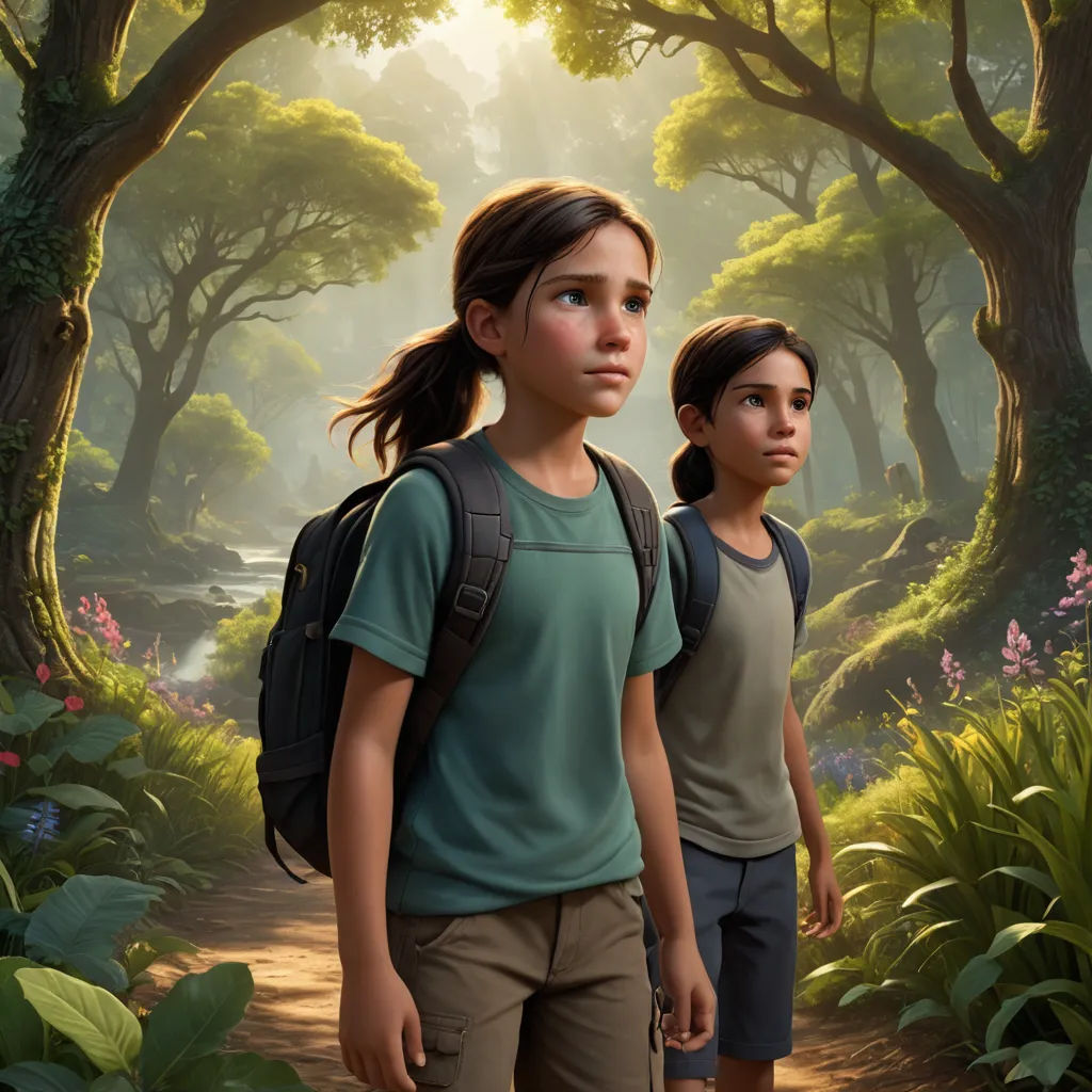 a painting of two children walking through a forest with a stream in the background and a sunbeam in the distance, photorealism, poster art, Aaron Jasinski, key art