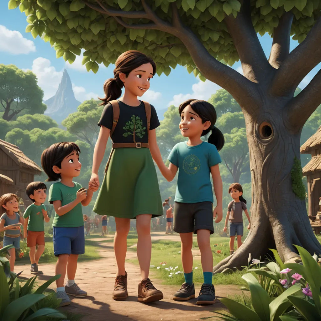 a cartoon of a family holding hands in a park with a tree and a house in the background,, paris school, a detailed matte painting, Chris LaBrooy, promotional image