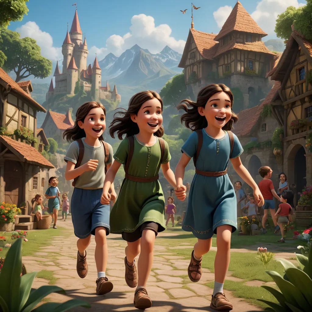 a group of children running down a street in a cartoon style scene with a castle in the background and a town in the background, sots art, a detailed matte painting, disney, promotional image