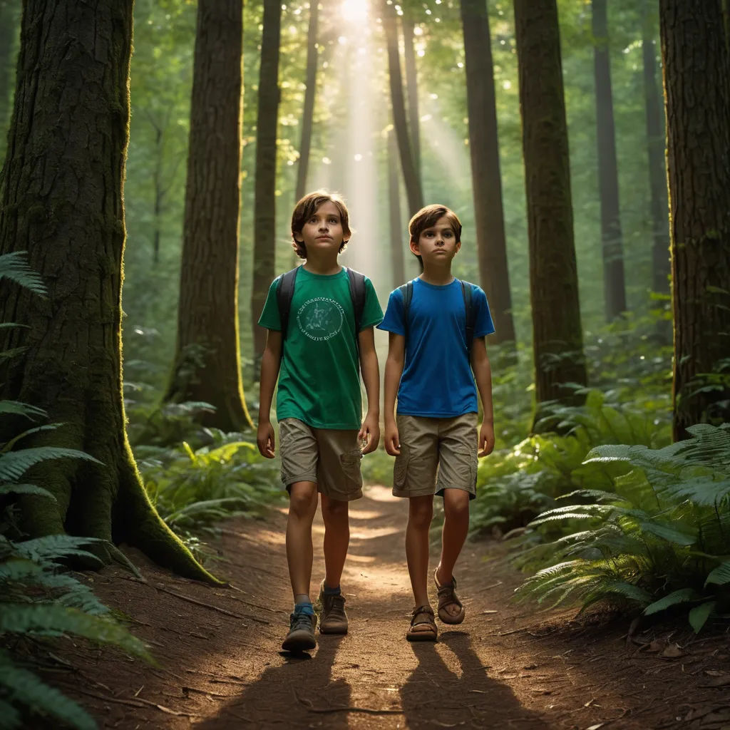 two boys walking down a path in the woods with sun shining through the trees behind them and a trail leading to the woods, vancouver school, a detailed matte painting, Felix-Kelly, anamorphic lens flare