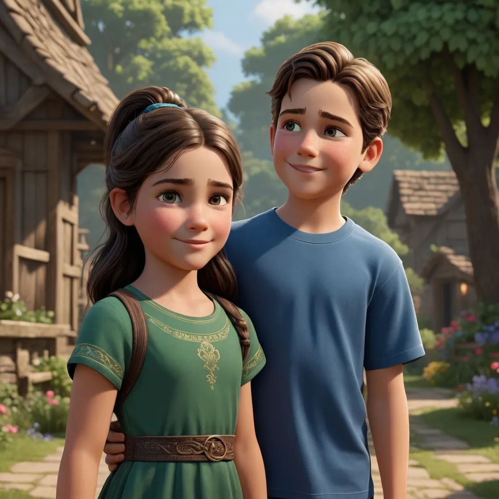 a boy and a girl standing next to each other in front of a house and trees and flowers in the background, photorealism, concept art, Ada Gladys Killins, unreal engine highly rendered