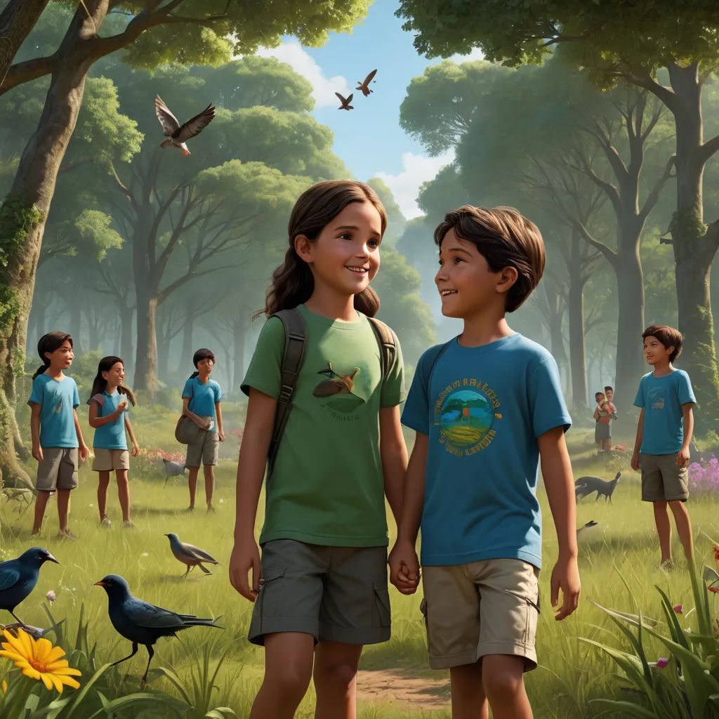 a painting of two children standing in a field with birds flying around them and a group of children standing in the background, neo-primitivism, a detailed matte painting, Chris LaBrooy, key art