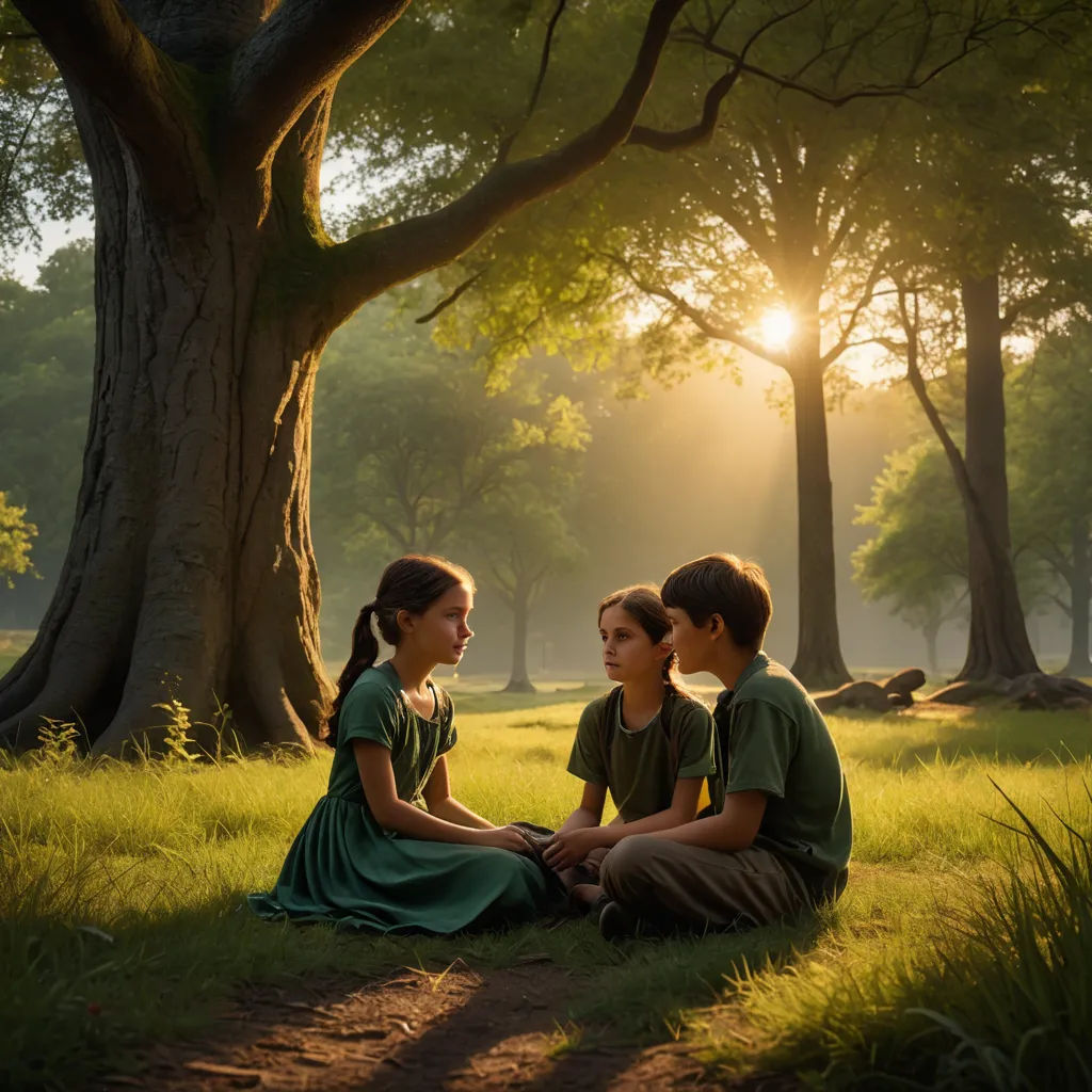 a couple of people sitting on top of a grass covered field next to a tree and a forest filled with trees, magical realism, a detailed matte painting, Elinor Proby Adams, cinematic photography