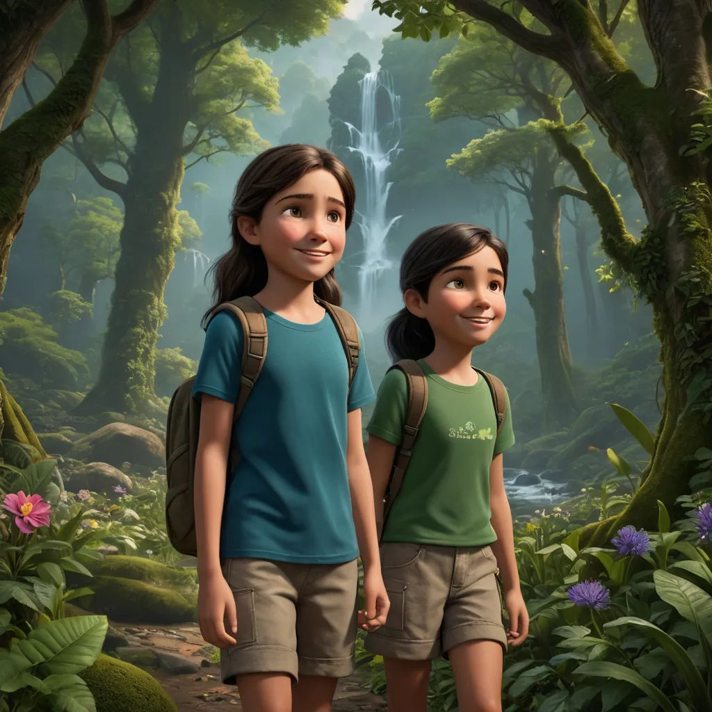 a couple of kids standing next to each other in a forest with a waterfall in the background and a forest with flowers, photorealism, a detailed matte painting, disney, promotional image