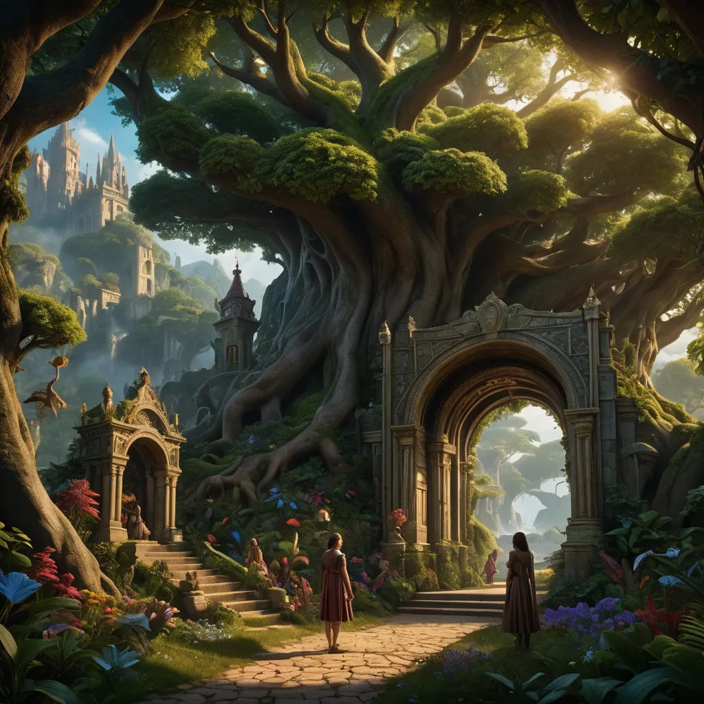 a painting of a woman walking through a forest with a castle in the background and a giant tree in the foreground, fantasy art, a detailed matte painting, Chris LaBrooy, rossdraws global illumination