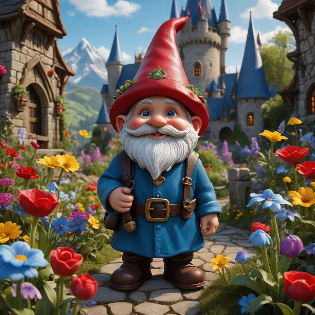 a gnome is standing in a garden with flowers and a castle in the background, with a blue sky and clouds, fantasy art, a storybook illustration, Chris LaBrooy, unreal engine 5 quality render