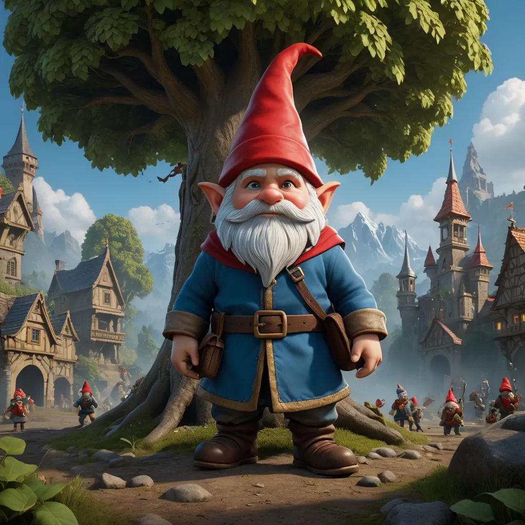 a cartoon gnome standing in front of a tree in a forest with a castle in the background and a man in a red hat, fantasy art, an ambient occlusion render, Chris LaBrooy, unreal engine 5 highly rendered