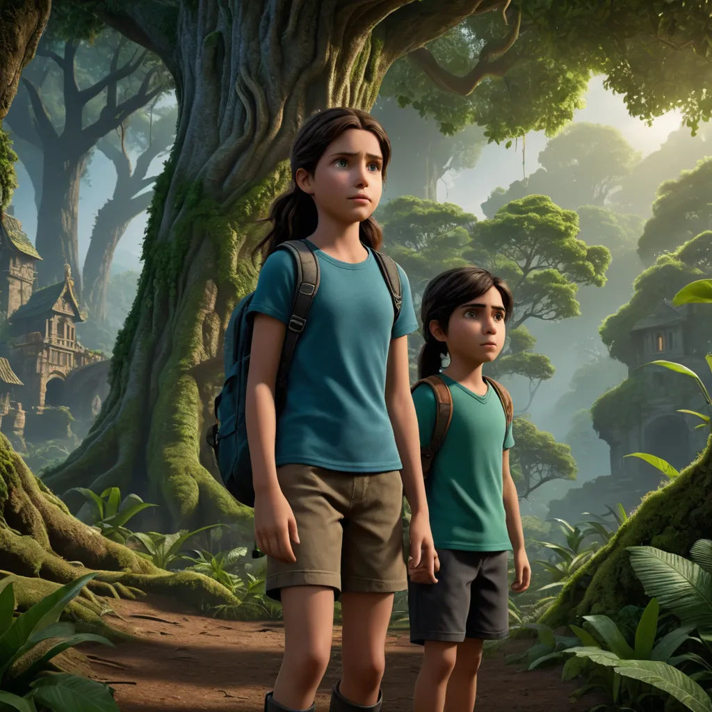 a young girl and a young boy standing in a forest with a tree in the background and a house in the distance, photorealism, a detailed matte painting, Cliff Childs, unreal 5