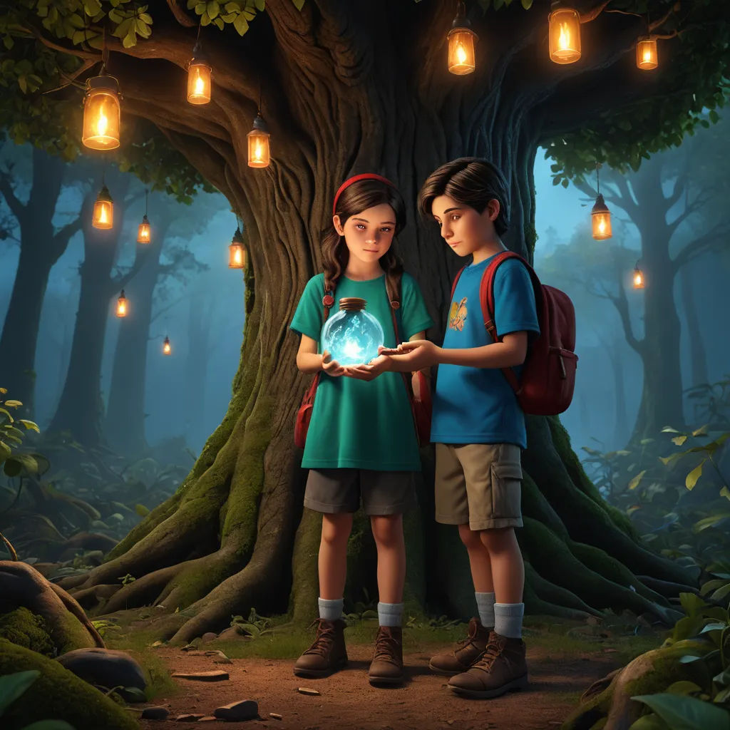 two children standing in a forest holding a glowing ball in their hands and looking at it with a glowing light in their hand, magic realism, a storybook illustration, Chris LaBrooy, rossdraws global illumination