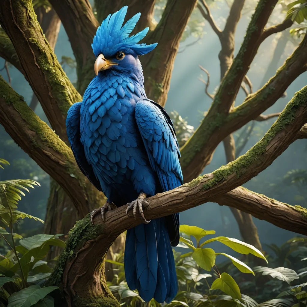 a blue bird with a blue mohawk sitting on a branch in a forest with green leaves and trees in the background, photorealism, a 3D render, Chris LaBrooy, pixar and disney animation