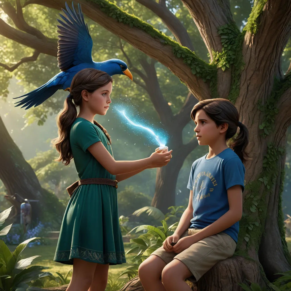 a girl and a boy are sitting on a tree stump and a bird is flying over them and a bird is flying over them, magic realism, a detailed matte painting, Drew Struzan, promotional image