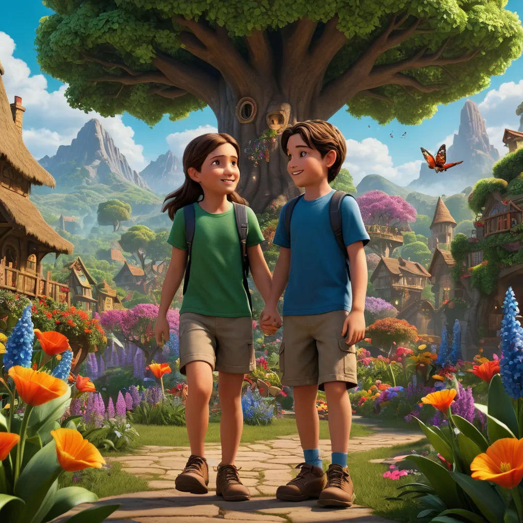 a boy and a girl are standing in front of a tree and flowers in the animated movie the secret life of arnie, magical realism, a detailed matte painting, Chris LaBrooy, promotional image