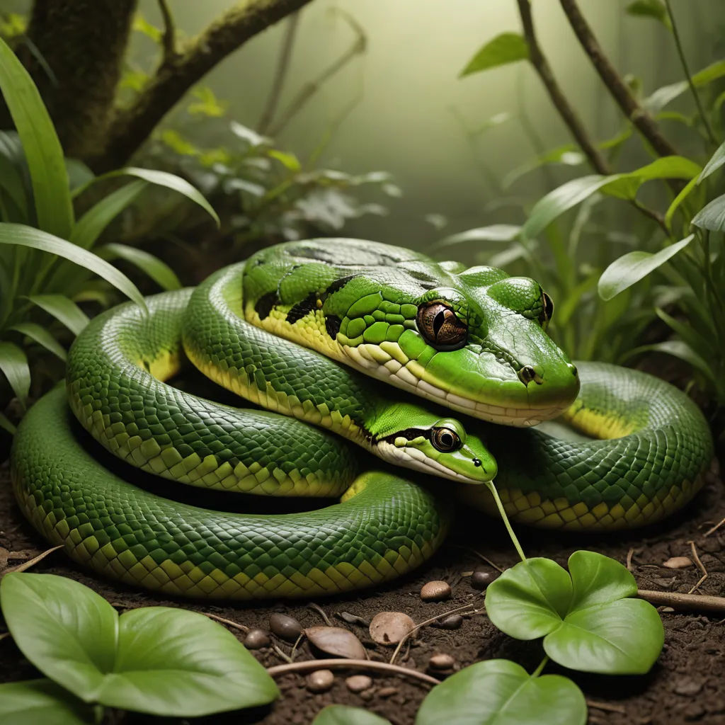 a green snake is curled up on the ground in the jungle with leaves and plants around it, with a bright light in the background, naturalism, a photorealistic painting, Andries Both, highly detailed digital painting
