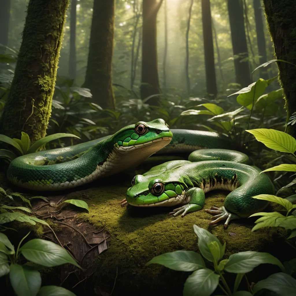 two green snakes are on a mossy rock in the woods, with the sun shining through the trees, photorealism, a detailed matte painting, Chris LaBrooy, photoreal