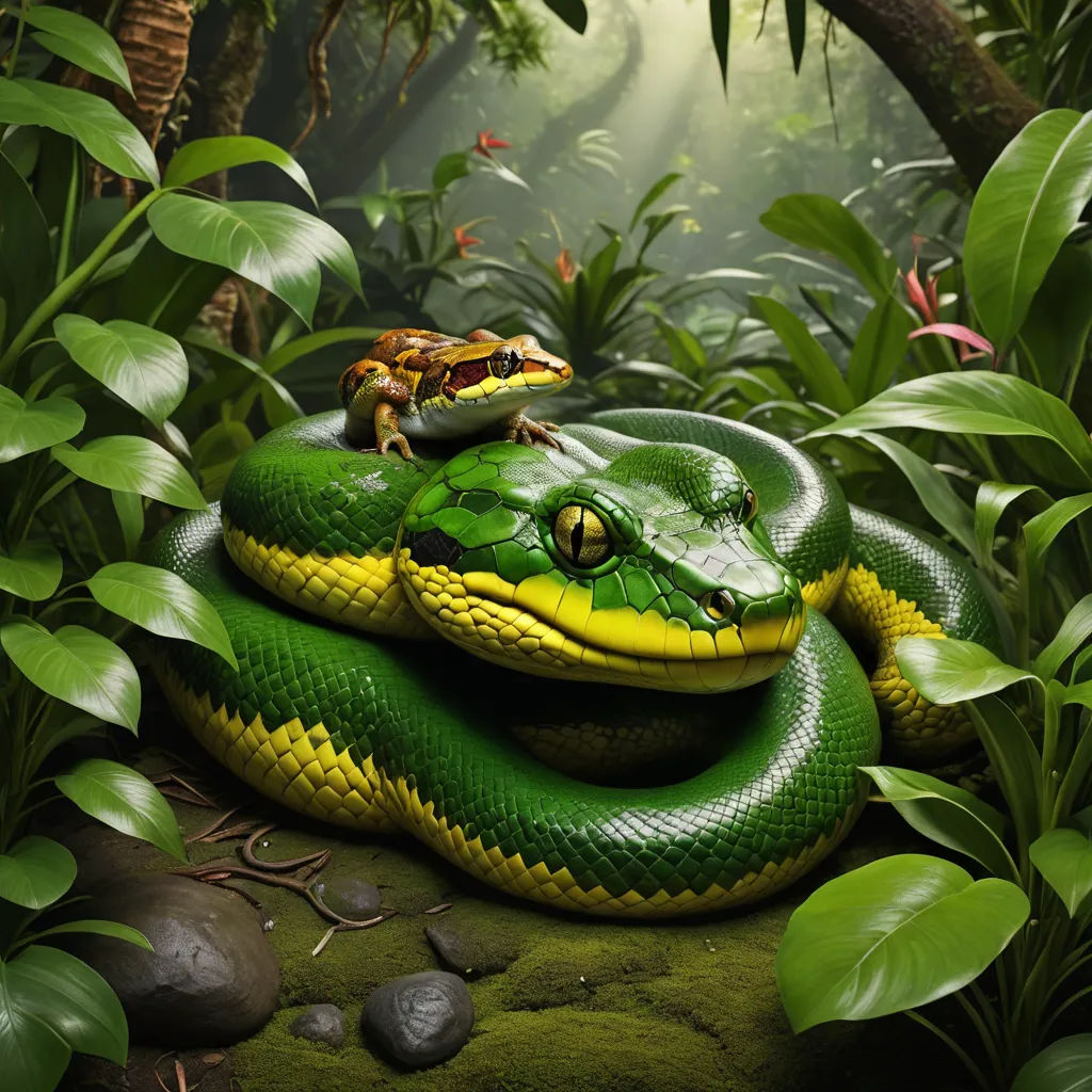 a green snake with two yellow snakes on its back in a jungle setting with green leaves and rocks and a light shining through the leaves, photorealism, a detailed matte painting, Chris LaBrooy, highly detailed digital painting