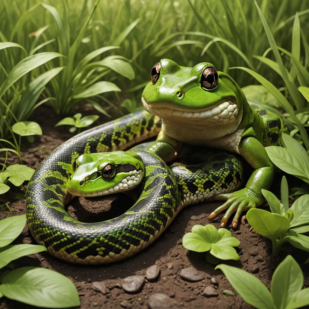 a green and black snake and a green and white snake on a rock in the grass and plants with leaves, photorealism, a photorealistic painting, Andries Both, highly detailed digital painting