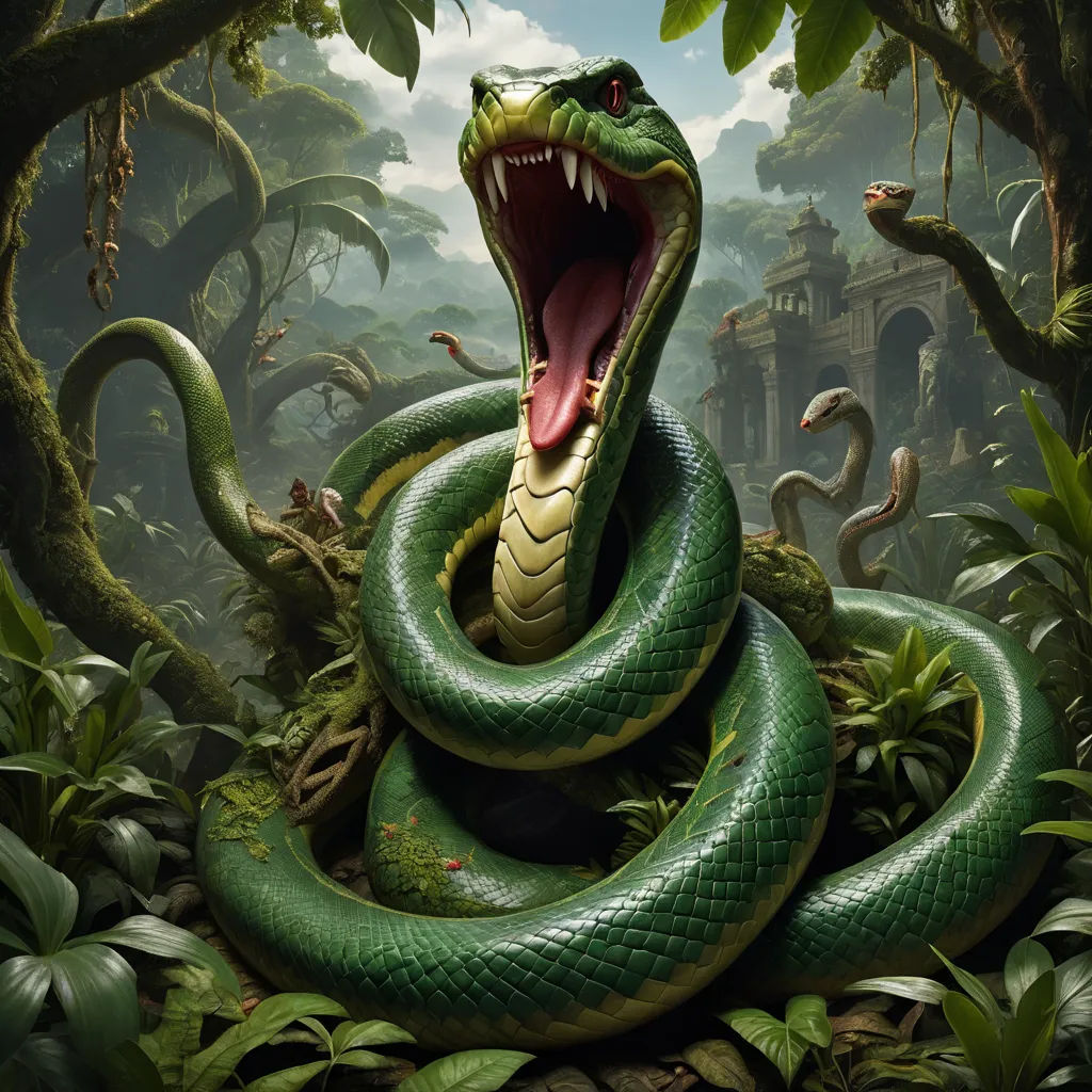 a snake with its mouth open in a jungle setting with trees and bushes surrounding it, with a building in the background, cobra, a detailed matte painting, David Paton, highly detailed digital painting