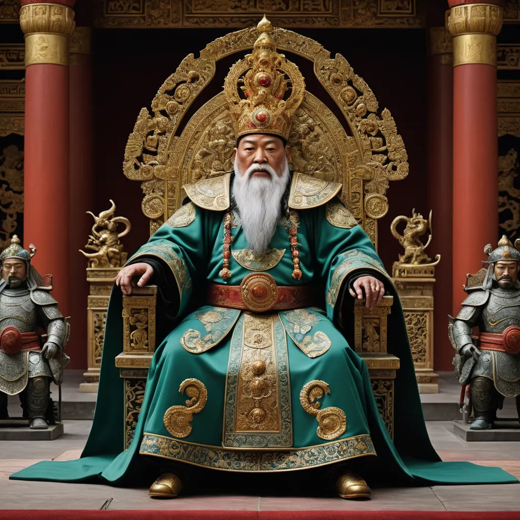 a statue of a man sitting on a throne with a beard and a beard in a green outfit with gold accents, sumatraism, a detailed matte painting, Emperor Huizong of Song, weta digital