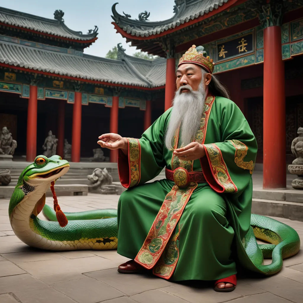 a man in a green outfit sitting on a floor next to a snake statue in a courtyard with red pillars, magical realism, a storybook illustration, Emperor Huizong of Song, highly detailed digital painting