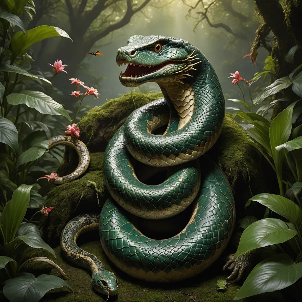 a snake is sitting on a rock in the woods with flowers and leaves around it, with a light shining on the background, cobra, a digital painting, Chris LaBrooy, highly detailed digital painting