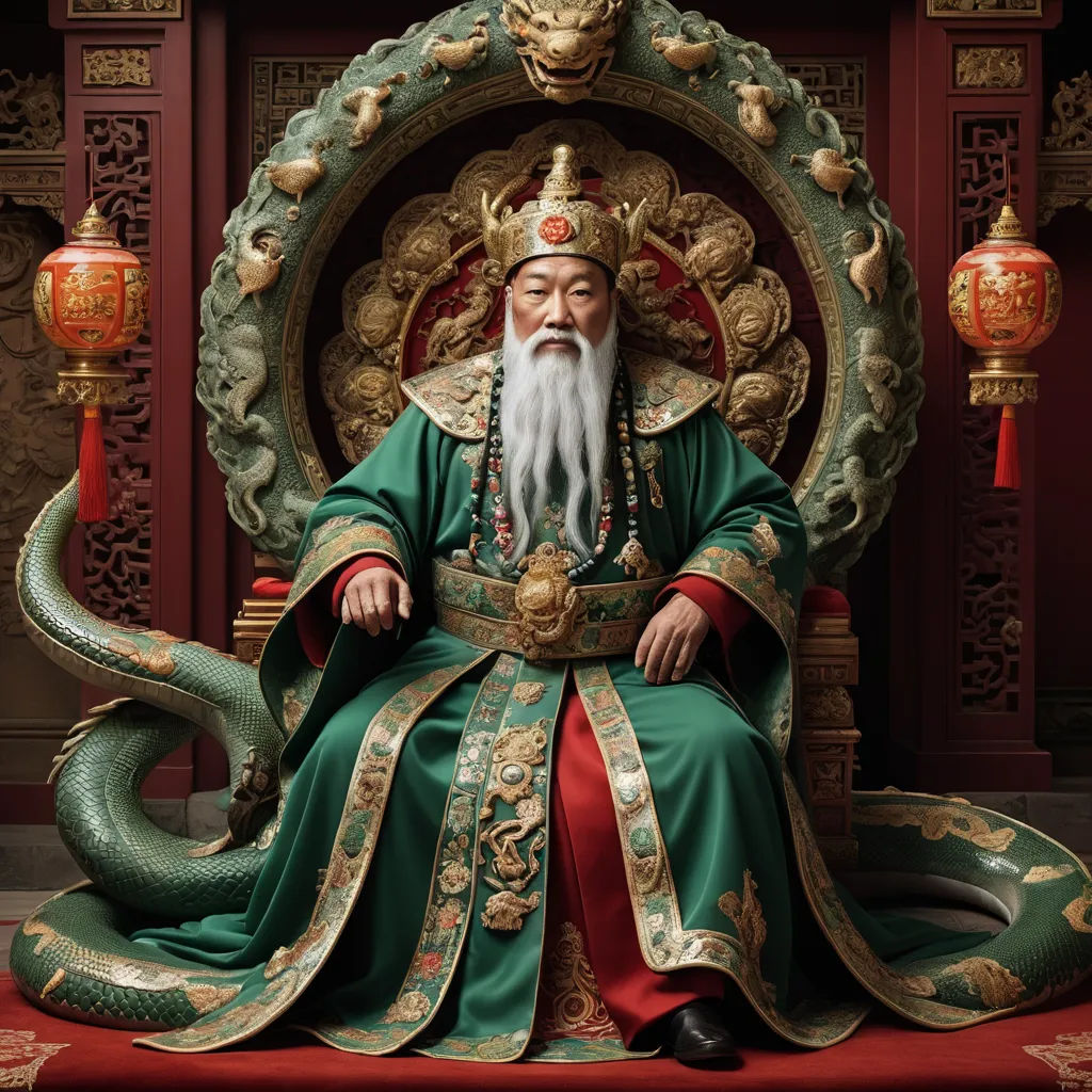 a man sitting on a throne with a snake around him and a crown on his head and a snake on his arm, fantasy art, a photorealistic painting, Emperor Huizong of Song, highly detailed digital painting
