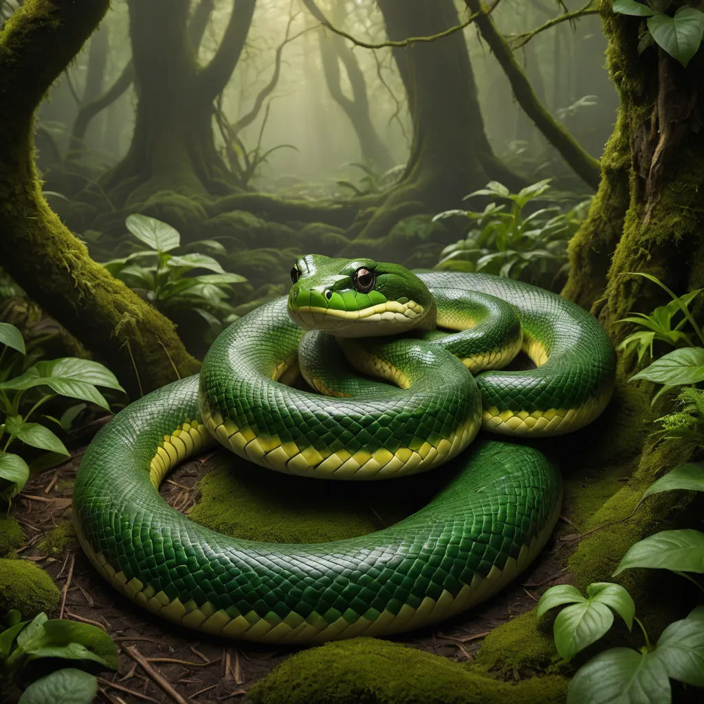 a green snake curled up on a mossy ground in a forest with trees and plants around it, with a light coming through the trees, photorealism, a photorealistic painting, Arie Smit, highly detailed digital painting