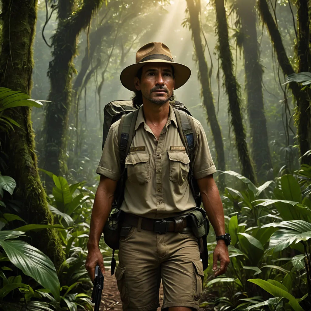 a man in a hat and shirt walking through a jungle with a backpack on his back and a backpack on his shoulder, sumatraism, a character portrait, Adam Dario Keel, promotional image
